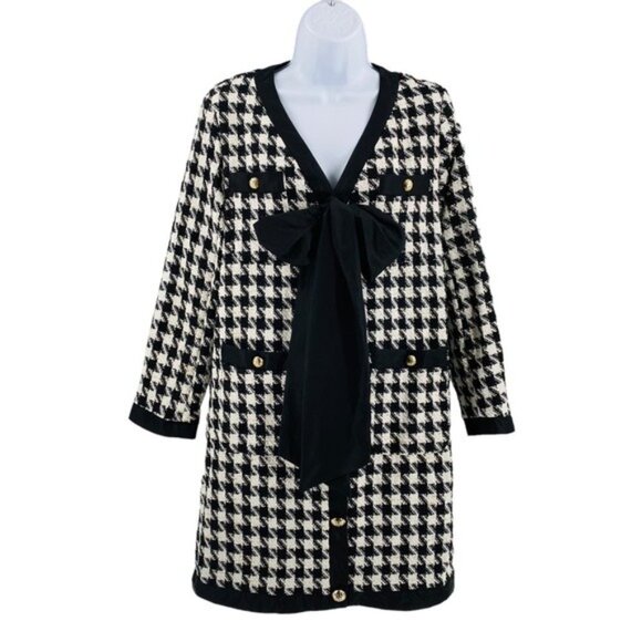 Pomander Place | NEW Coco Tweed Houndstooth Bow Mini Dress Black White Size XL - Picture 4 of 12
